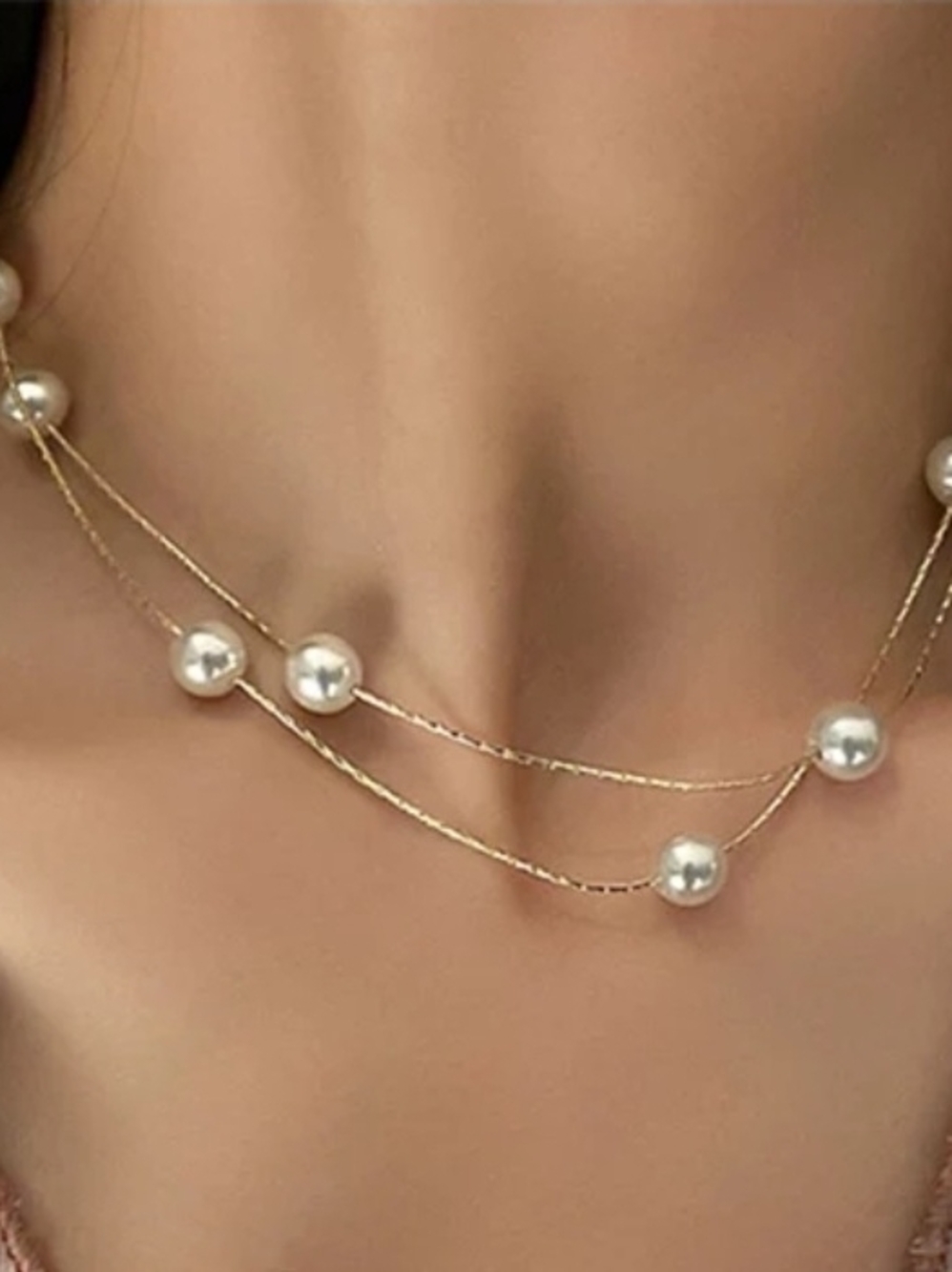 Gold  Pearl Station Necklace
